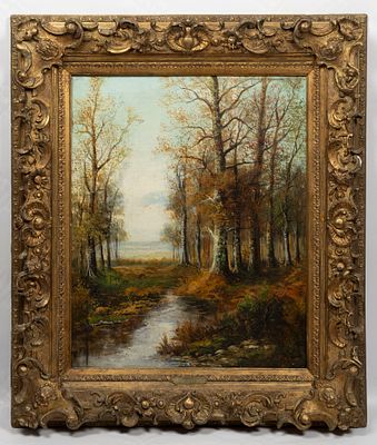 Пажин О. (Pagin O.) Лесной пейзаж. Конец XIX - начало XX века. Холст, масло. Размер по раме 94 