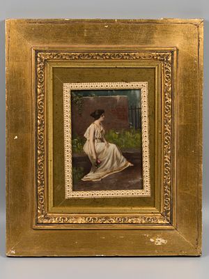 Н/х. Девушка с розой. Начало ХХ в. Дерево, масло. Размер рамы 32х26 см, размер изображения 14х10 см.