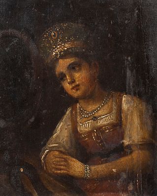 Н/х. Красавица у зеркала. 1840-е гг. Дерево, масло. Размер 22,2х17,8 см. Удовлетворительное 