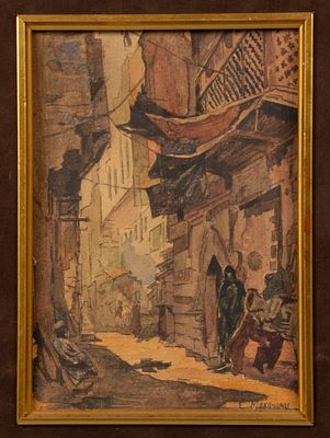 Маковский К. Е. [по подписи] Улочка в Каире. 1870-е гг. Бумага, акварель. Размер листа 23х16 