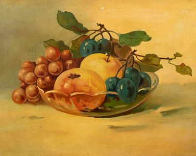 Титов(?) Натюрморт с яблоками и виноградом. 1932(?). Доска, масло. Размер по раме 32х38 см. Усло 