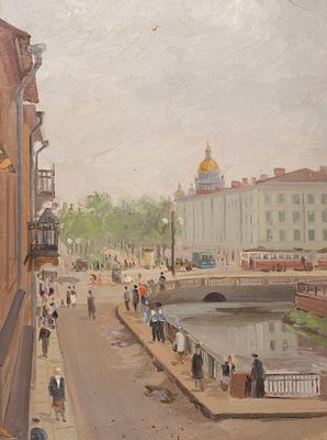 Баранов П.(?) Вид на Площадь Труда в Санкт-Петербурге. 1940-1950-е гг. Картон, масло. Размер 