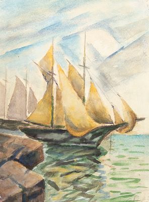 Ротач А. Л. Парусник. Вторая половина XX века. Бумага, акварель. Размер 33х24 см. Хорошее 