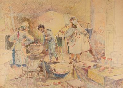 [Архив художника] Пархоменко А. И. Медкабинет. Сатирический шарж на тему "Госпиталь". 1940-е 