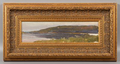 Канеев М. А. Пейзаж с озером. 1950-е гг. Картон, масло. Размер по раме 25х49 см. Размер в свету 