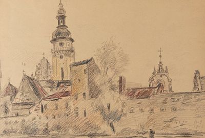 Каплун А. В. Львов. Городской пейзаж. 1946. Бумага, цветные карандаши. Размер листа 30х42 см. Хо 