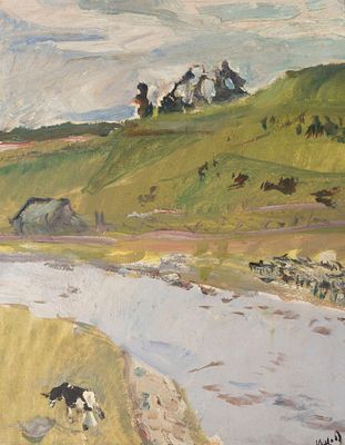 Шаблыкин Ю. М. Стадо на берегу. 1956. Картон, масло. Размер 50х40 см. Условно хорошее 