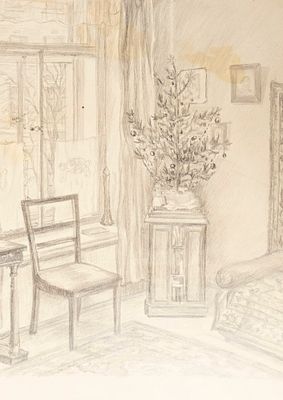 Н/х. Интерьер комнаты в Новый год. 1940-1950-е гг. Бумага, карандаш. Размер листа 37,5х27 см. Ус 