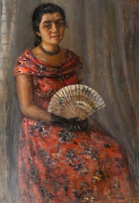 Левитан И. Я. Женщина с веером. 1957. Картон, масло. Размер 49,5х34,5 см. Условно хорошее 