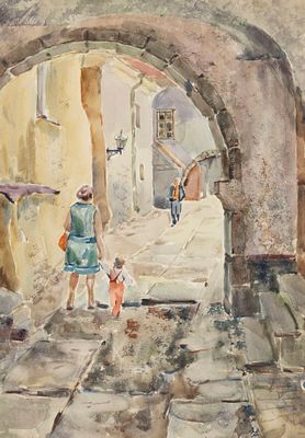 Горб Т. В. На прогулке. 1975. Бумага, акварель. Размер 50х36 см. Хорошее состояние. Следы 