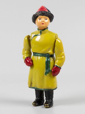 Игрушка. Парень в красной шапке. Охтинский химкомбинат. Ленинград, 1940-1950-е. Целлулоид, роспись.