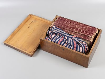 Игра. Лото. Не полный комплект. До 1917 (?). Картон, коленкор, печать. В деревянной шкатулке.