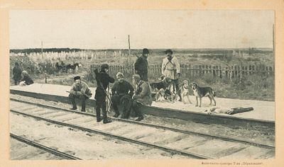 В ожидании поезда. Фото-тинто-гравюра Т-ва "Образование" по картине А. С. Степанова. Размер 18 