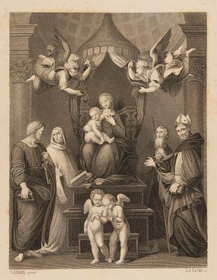 Пейн А. Г. (гравер) Гравюра с картины Рафаэля "Мадонна под Балдахином". XIX в. Размер листа 