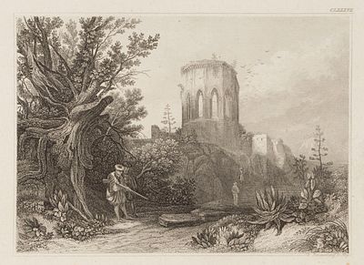 [Вселенная Майера] Руины Самарии в Палестине. Гравюра на стали. Германия, XIX век. Размер листа 