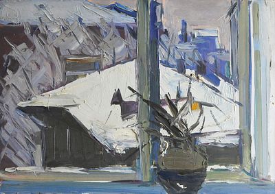 Семёнов А. Н. За окном. Сумерки. 1962. Картон, масло. Размер 35х50 см. Автор, название, дата на 