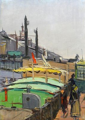 Семёнов А. Н. На Фонтанке. 1958. Картон, масло. Размер 49,5х35 см. Автор, название, дата на 