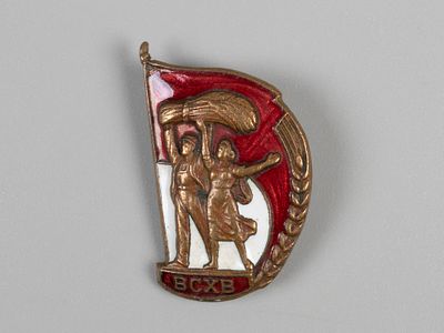 Знак ВСХВ. Всесоюзная сельскохозяйственная выставка. СССР 1940-е Латунь, гор. эмаль. Размер 