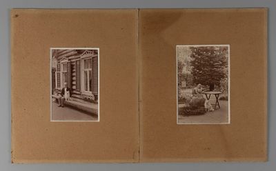 Дачная жизнь в царской России. Собака с хозяевами. Две фотографии в паспарту. Начало ХХ в. Размер 