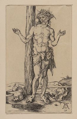 Муж скорбей с распростертыми руками. Факсимильная репродукция офорта А. Дюрера. Начало XX века. 