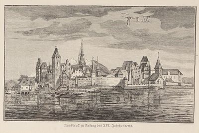 Вид на Инсбрук, Австрия. Ксилография с акварели А. Дюрера. Конец XIX-начало XX вв. Размер по 