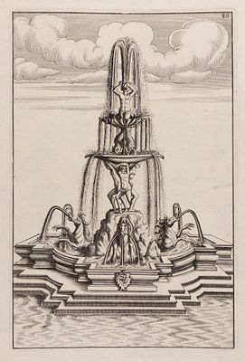 Садовый фонтан с дельфинами, атлантами и гиппокампусами. Лист №86 из издания Бёклера Г. А. 