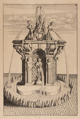 Садовый фонтан с экседрой. Лист №98 из издания Бёклера Г. А. "Architectura Curiosa Nova". Конец 