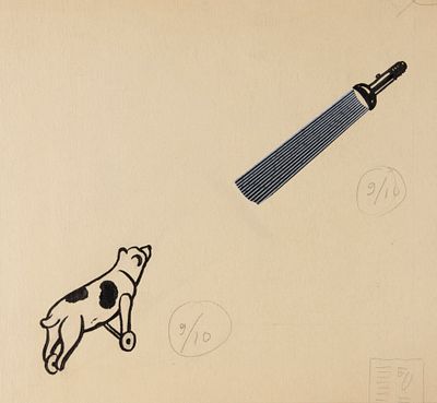 [Из архива художника Е. Н. Сандлера] Среди умных игрушек. Оригинал иллюстрации. 1958. Бумага 