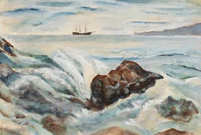 Ротач А. Л. Корабль на горизонте. 1935. Бумага, акварель, белила. Размер 24,5х37 см. Хорошее 