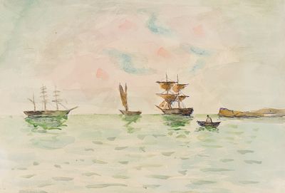 Ротач А. Л. Парусники. Первая половина XX века. Бумага, акварель. Размер 20х28,5 см. Хорошее 