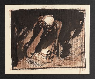 Богдеско И. Т. Дон Кихот над рыцарским романом. 1980-е. Тушь, сангина. Размер по подложке 21х30 см.