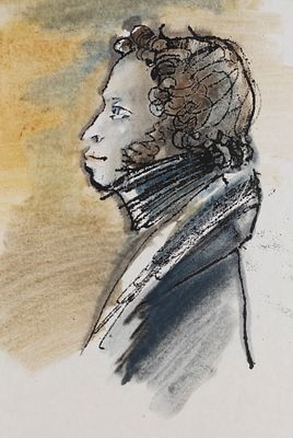 Г.А.В. Траугот. Пушкин в профиль. 1980-1990-е гг. Бумага, тушь, акварель. Размер листа 41,5х30,5 см.