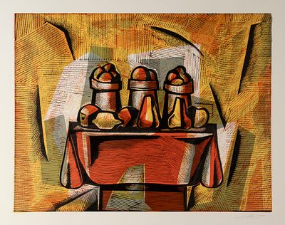 Видерман В. С. Натюрморт на столе. 1980-е гг. Цветная линогравюра. Размер листа 42х50 см. Хороше 