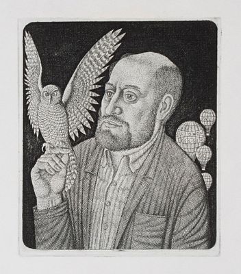 Мишин В. А. Мужчина с совой. Ex-libris С. Трессера. 2005. Бумага, офорт. Размер листа 29,5х21 см. 