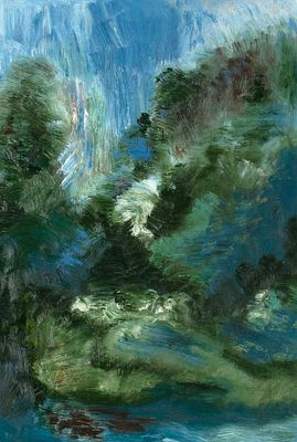 [Чёрный пруд] Опыхтин Н. Г. Кусты у реки. 1989. Картон, масло. Размер 33х23 см. Хорошее 