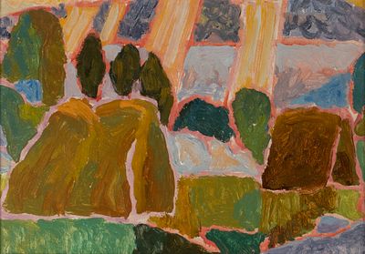 [Школа Стерлигова] Зубков Г. Стога. 1975. Картон, масло. Размер 22х31,5 см. Хорошее состояние. 