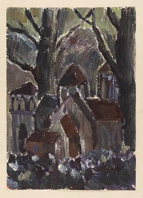 [Школа Стерлигова] Носов А. К. Дома среди деревьев ночью. Из серии "Грузия". 1960-е гг. Картон 