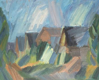 [Школа Стерлигова] Ким Н. В. Деревня. 1999. Оргалит, масло. Размер 27,5х34,5 см. Хорошее 