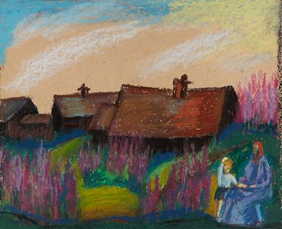 Писарева Г. Озерки. Бабушка с внуком в деревне. 2014. Бумага, пастель. Размер листа 30х36 см. Хо 