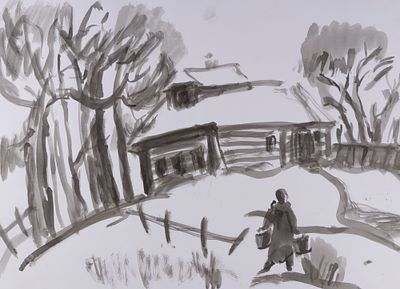 Писарева Г. Женщина с ведрами. 2010-е гг. Бумага, тушь. Размер листа 47х65 см. Хорошее 