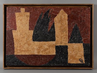 Цвиркунова С. Пейзаж в Тунисе. 2002. Пресскартон, бумага, коллаж. Размер 42х60 см. Хорошее 