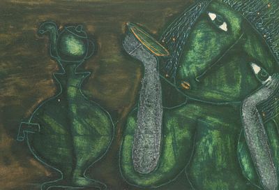 Быстрова Е. Зеленое чаепитие. 1990-е гг. Бумага, смешанная техника. Размер листа 14,5х21,5 см. Х 