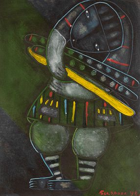 Быстрова Е. Эксперимент с тремя. 1994.Бумага, смешанная техника. Размер листа 21х15 см. Хорошее 