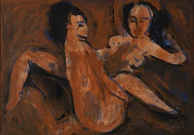 Басин А. Две. 1984. Картон, см. техника. Размер 27х37 см. Размер по раме 40х50 см. Хорошее 