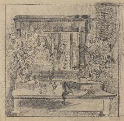 Крестовский Я. И. Натюрморт с автопортретом, зеркалом и окном на улицу. 1972. Бумага, карандаш. 