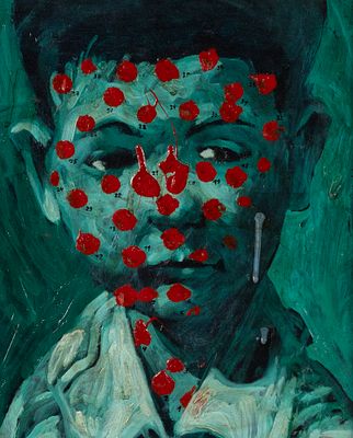 Штапаков Ю. 37 красных точке. 2019. Оргалит, масло. Размер Размер по раме 44х37 см. Хорошее 