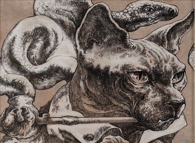 Эль-Сафади В. Змея и кот. Бумага, тушь. Размер по раме 40х34 см. Хорошее состояние. Провенанс: 