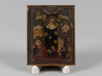 Икона. Богоматерь Всех Скорбящих Радость (с грошиками). Рубеж XIX - ХХ в. Дерево, темпера. Разме 