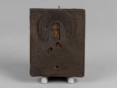 Икона. Калужская Божья Матерь. 1876. Оклад бел. металл. Размер 14х11 см. Клейма 84 пр., именник 