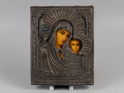 Икона Казанская Божья Матерь. Фабрика Братьев Ясенов (?) в Мстере. Рубеж XIX-XX в. Оклад латунь 